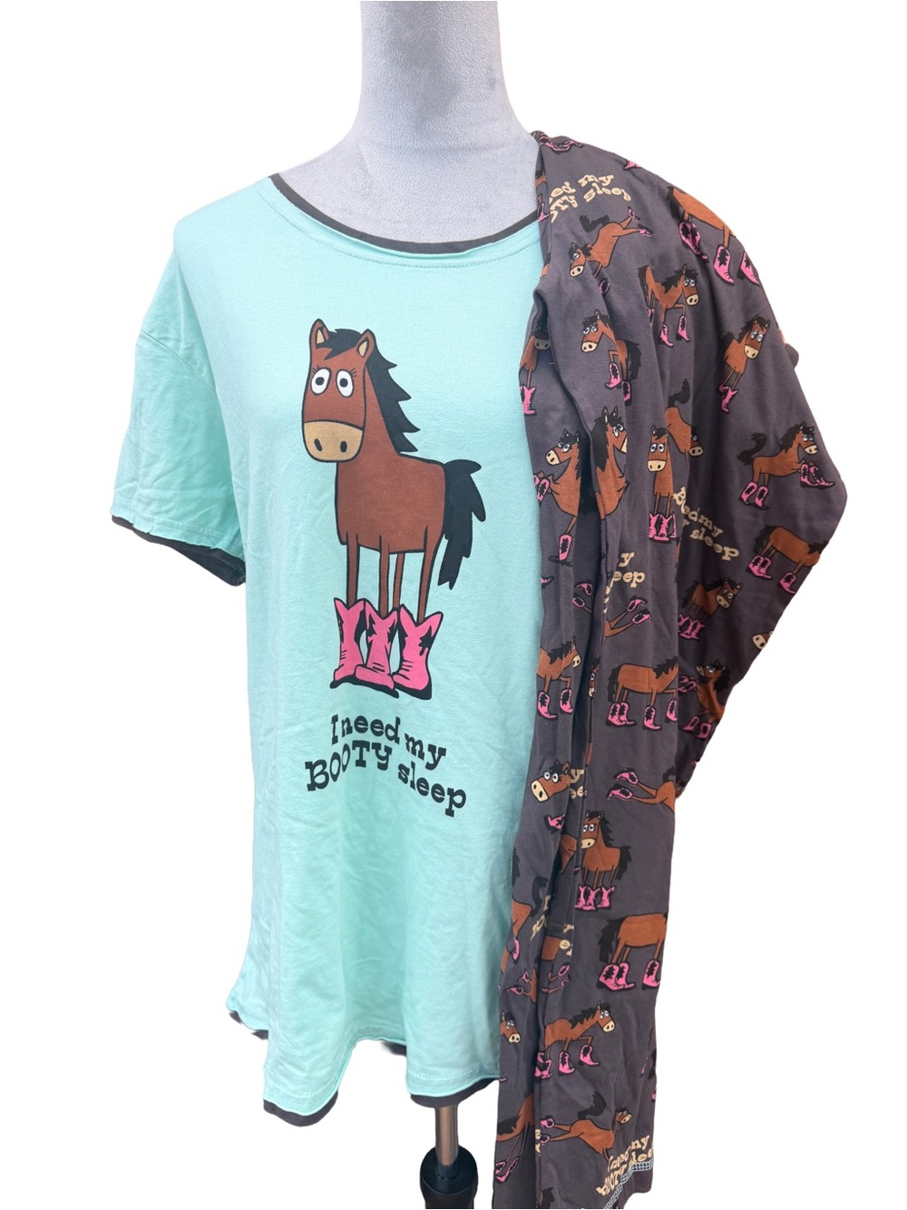 NWT Lazy One Booty Sleep Pajamas Set Womens L Horse Mint Tee Grey Pants Cotton